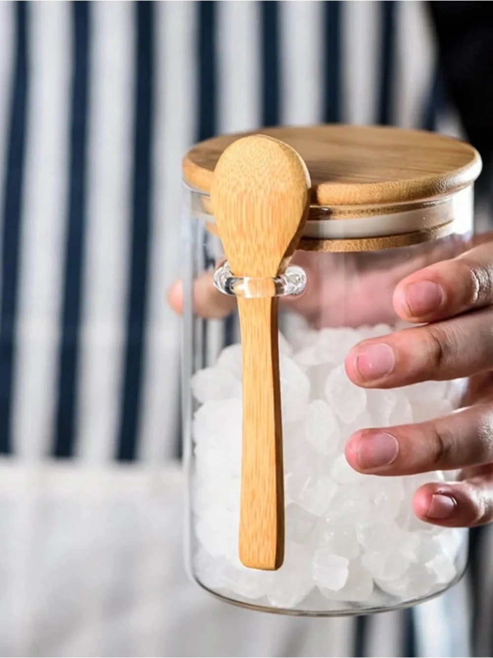 Clear Glass Storage Jars with Bamboo Lids and Spoons - Natural Set of 4
